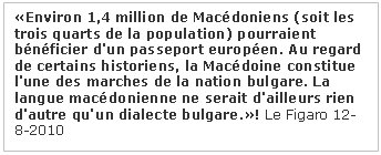 Πλαίσιο κειμένου: «Environ 1,4 million de Macédoniens (soit les trois quarts de la population) pourraient bénéficier d'un passeport européen. Au regard de certains historiens, la Macédoine constitue l'une des marches de la nation bulgare. La langue macédonienne ne serait d'ailleurs rien d'autre qu'un dialecte bulgare.»! Le Figaro 12-8-2010